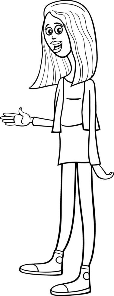 cartoon young woman character waving hand coloring page vector