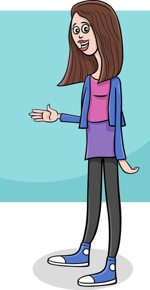 cartoon happy young woman character waving her hand vector