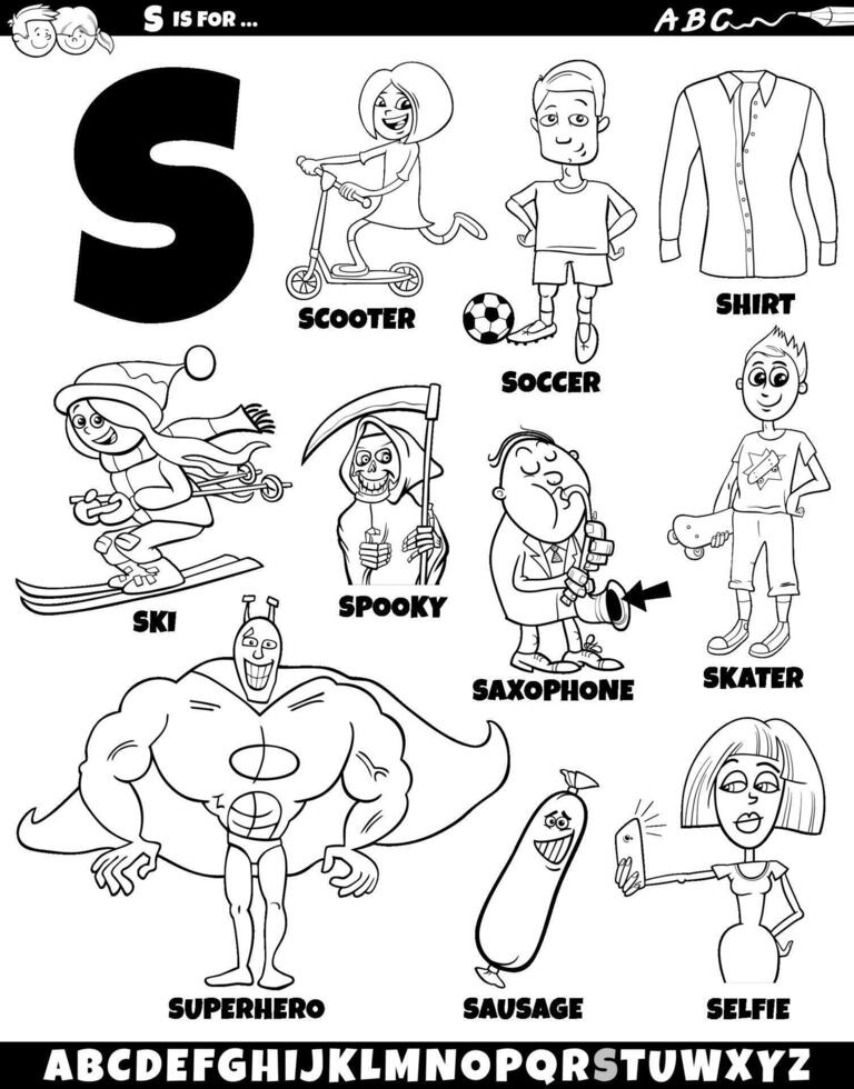 Letter S set with cartoon objects and characters coloring page vector