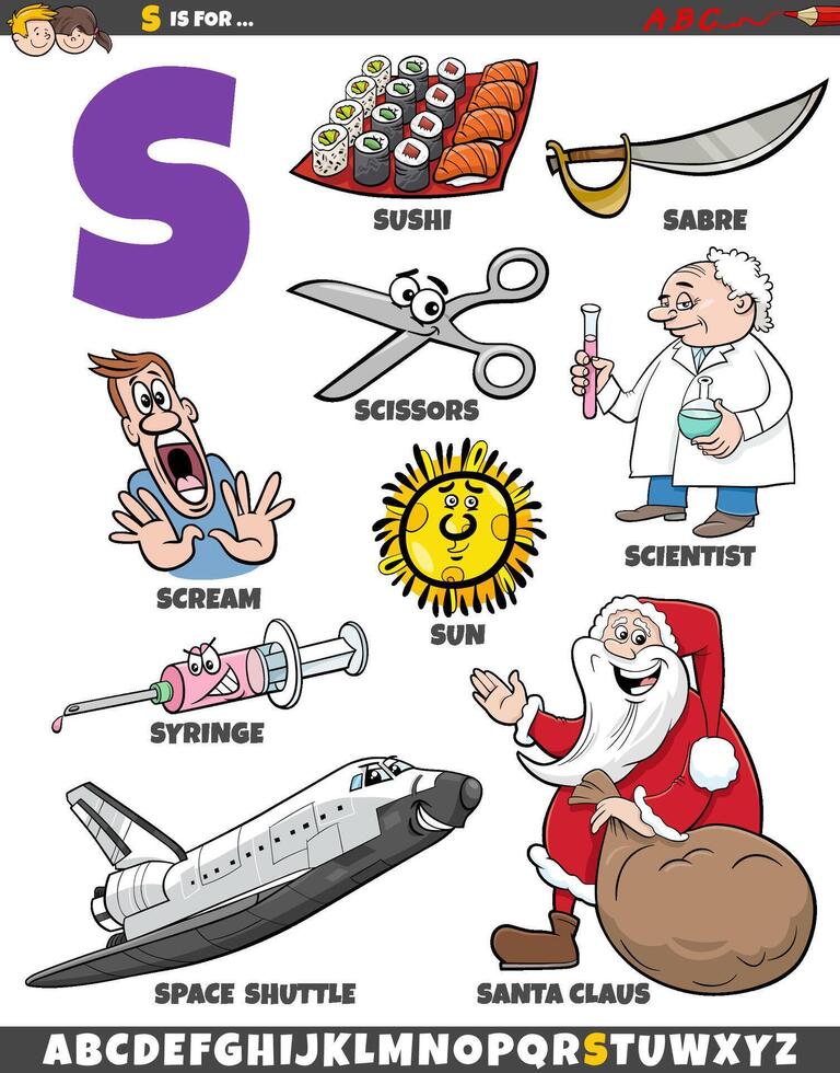 Letter S set with cartoon objects and characters vector