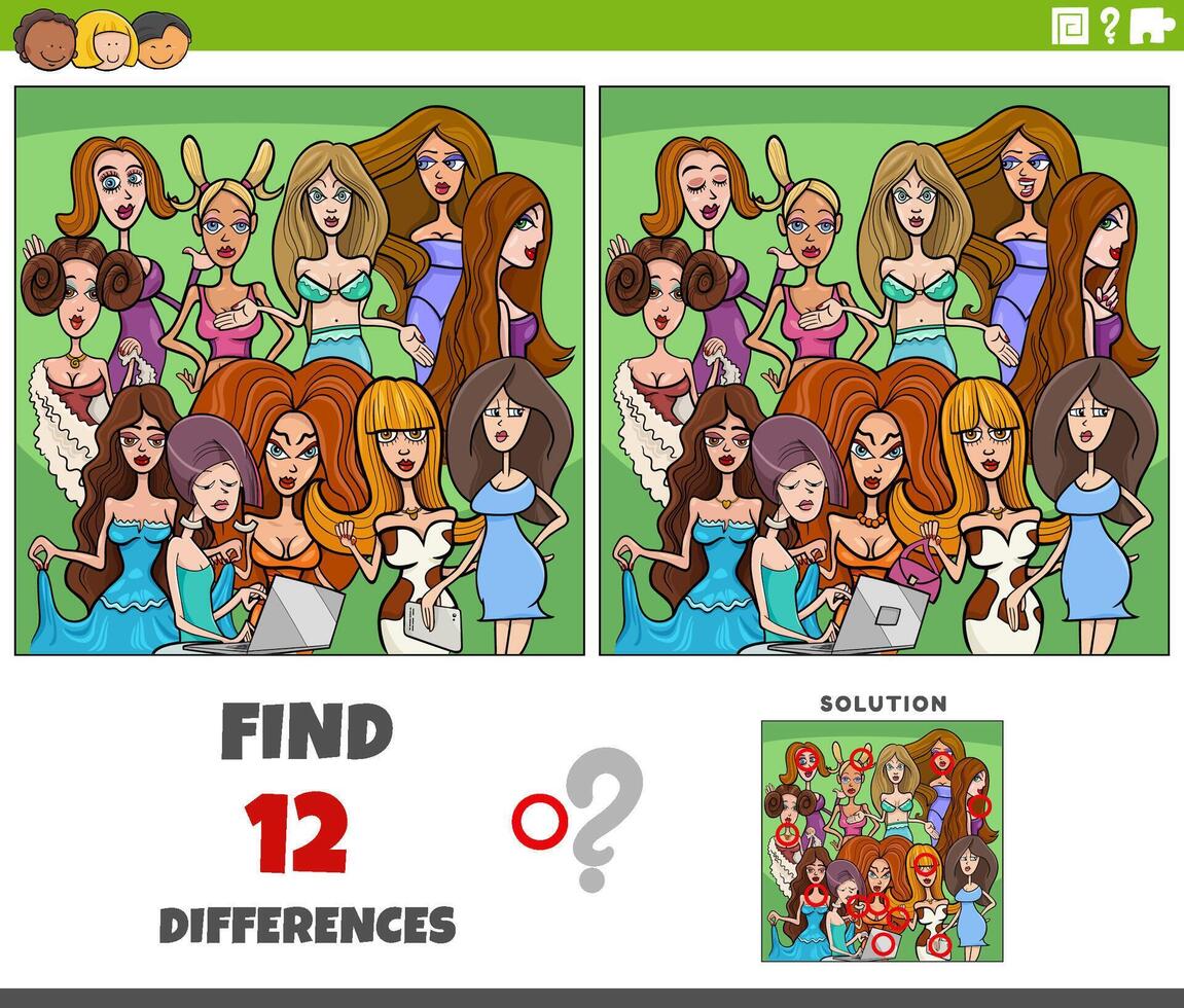 differences game with cartoon women characters group vector