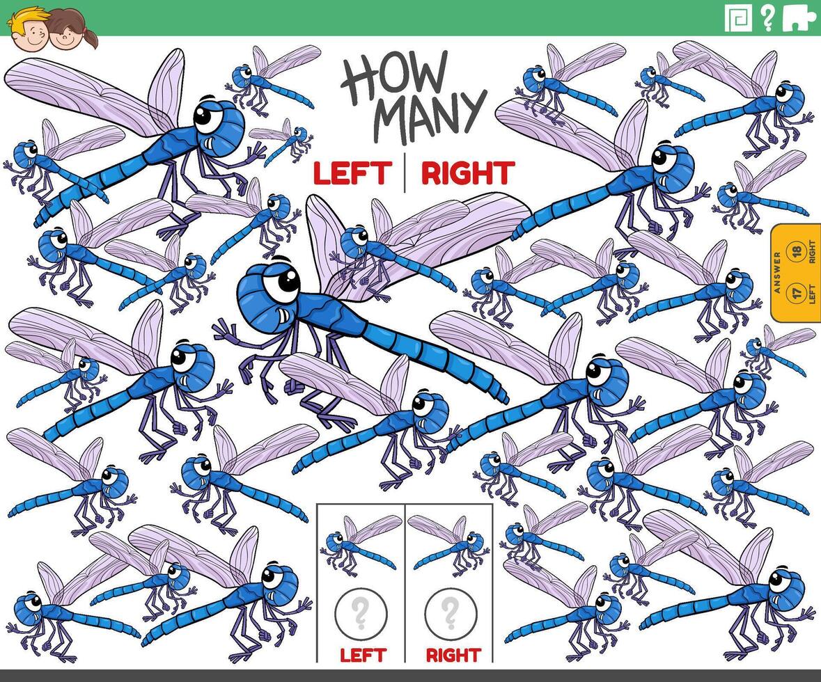 counting left and right pictures of cartoon dragonfly insect vector