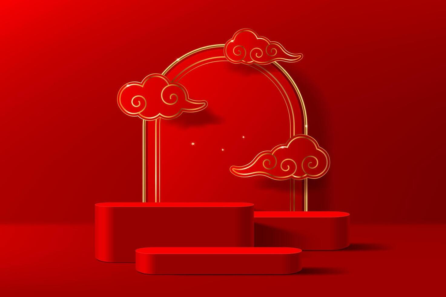 Red Chinese podium stage with clouds and gold arch vector