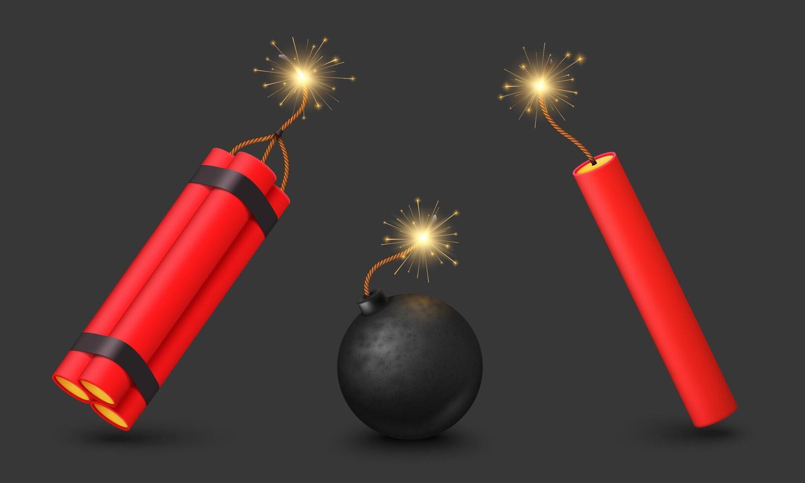 Realistic bomb and TNT dynamite with burning fuse vector