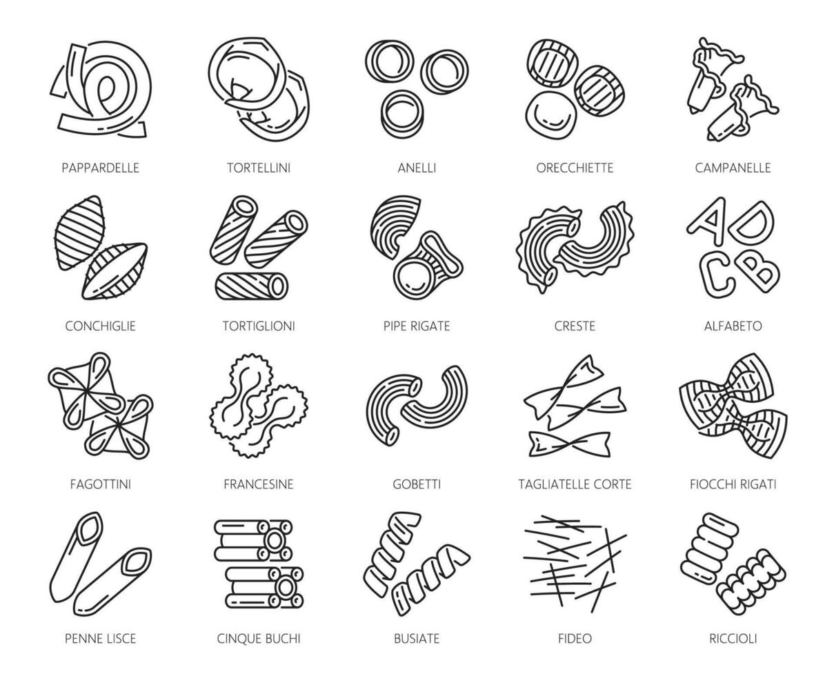 Italian pasta types outline icons collection vector
