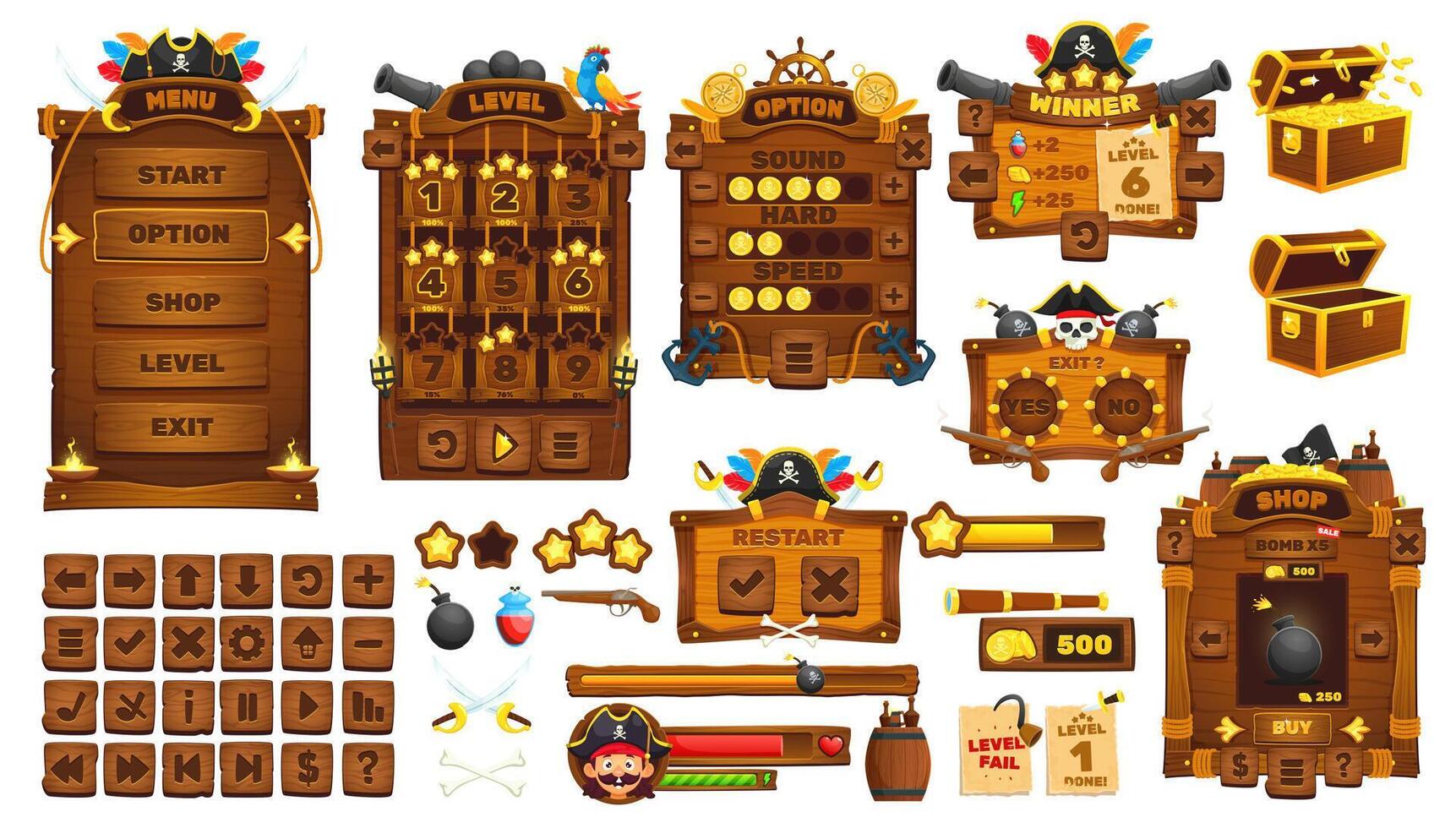 Pirates corsairs game UI interface buttons, assets vector