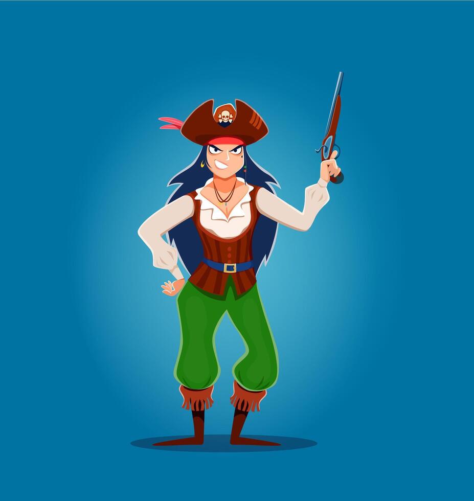 dibujos animados mujer pirata capitán corsario con pistola vector