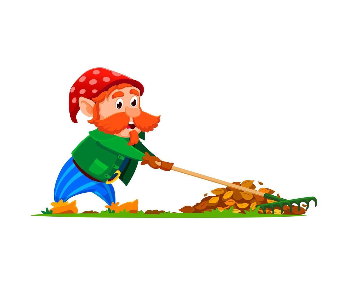 Cartoon gnome rakes fallen autumn leaves in garden vector