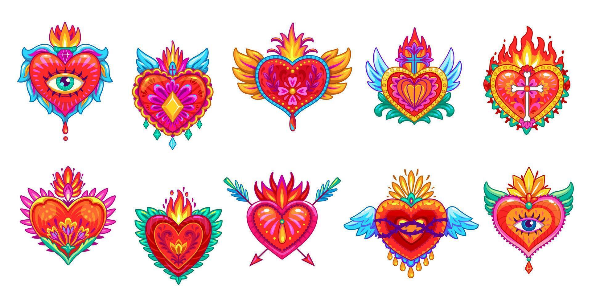 Mexican sacred hearts with fire flames, eye, wings vector