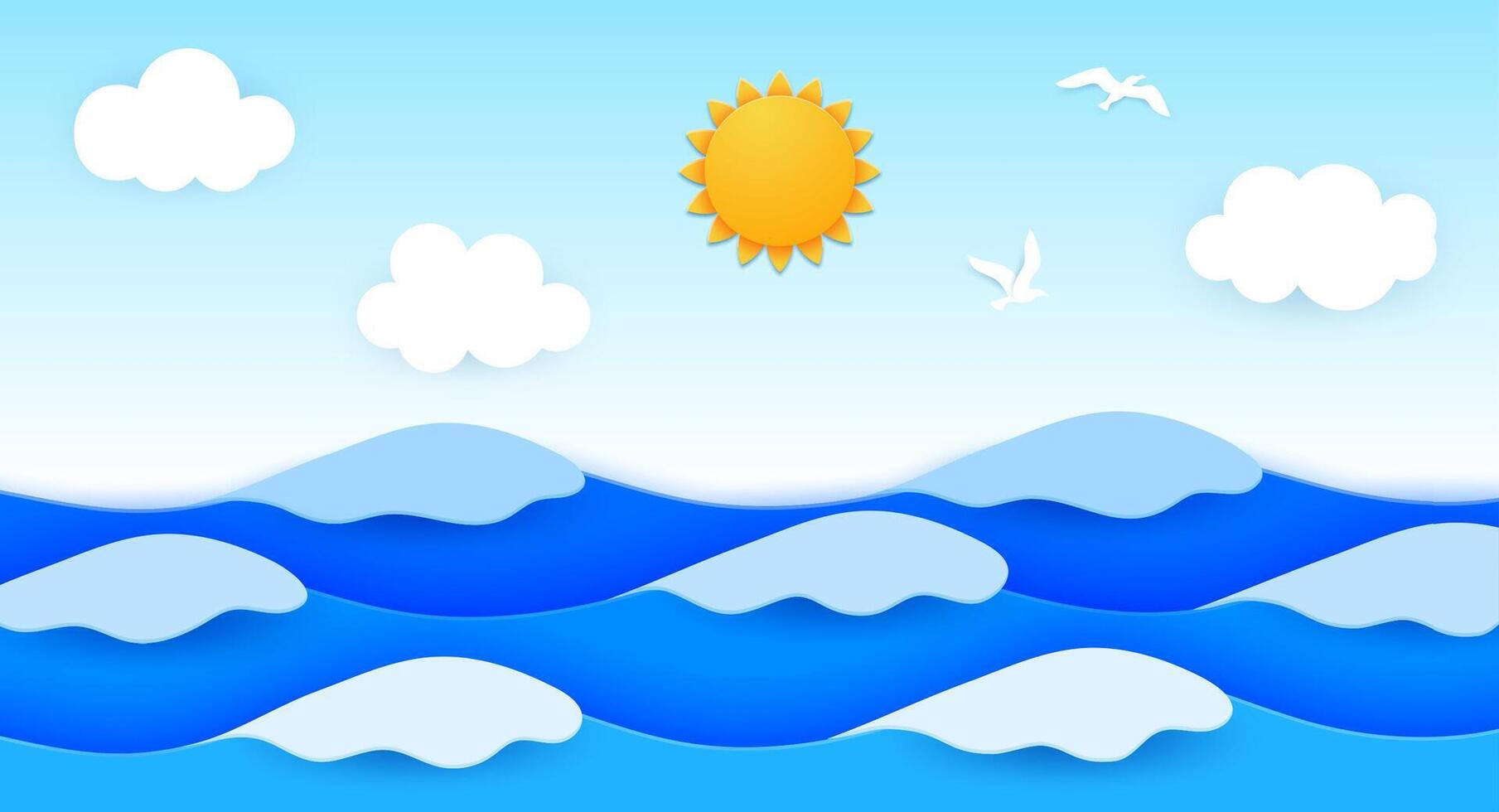 Ocean paper cut landscape waves, sun and seagulls vector