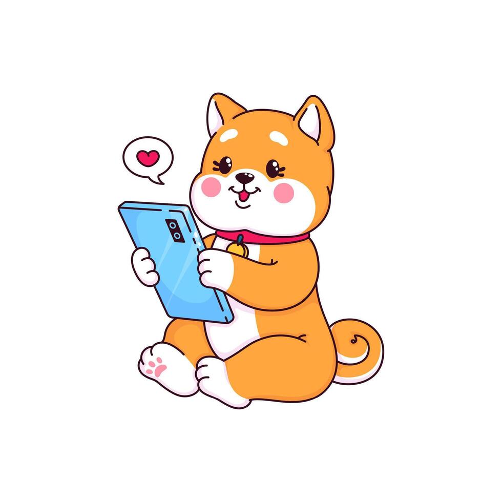 dibujos animados japonés contento shiba inu con teléfono inteligente vector