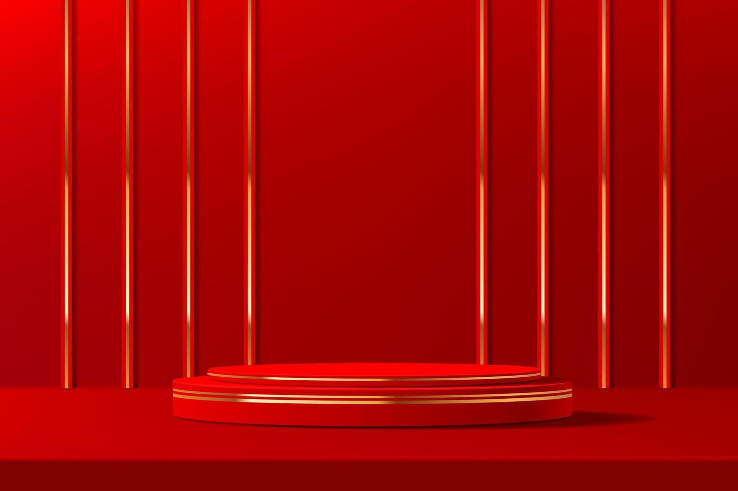Luxury red Chinese podium stage with gold lines vector
