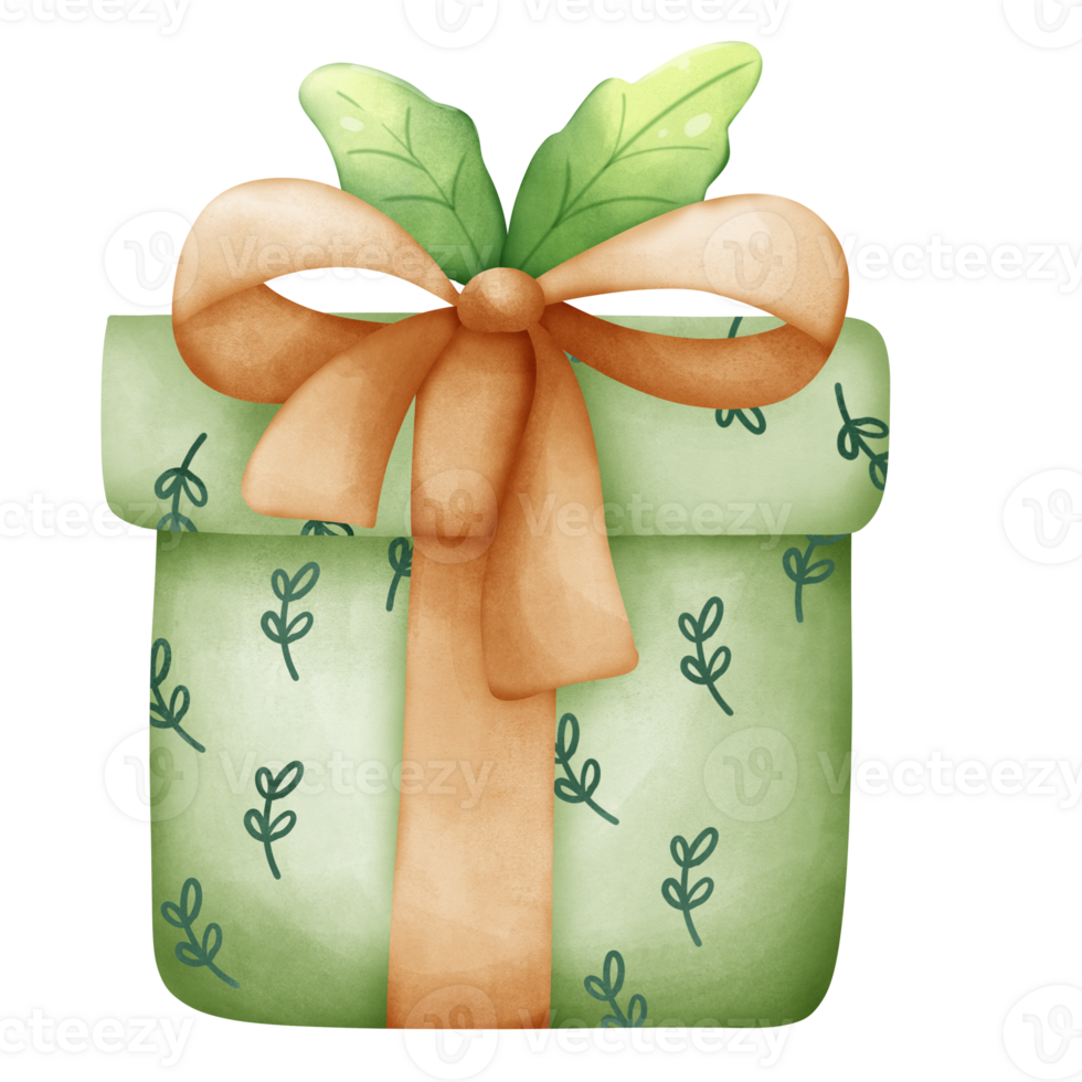 A festively wrapped gift box tied with a ribbon and bow watercolor png
