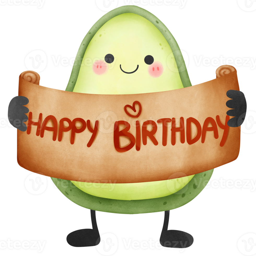 Cute avocado character holding birhtday invitation banner watercolor isolated png