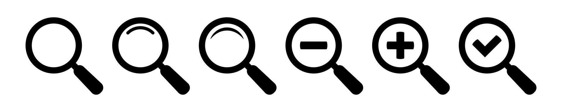 Magnifying glass simple icon collection. Search icon set, zoom in and zoom out icons. Magnifier or loupe with check mark sign. Vector illustration.