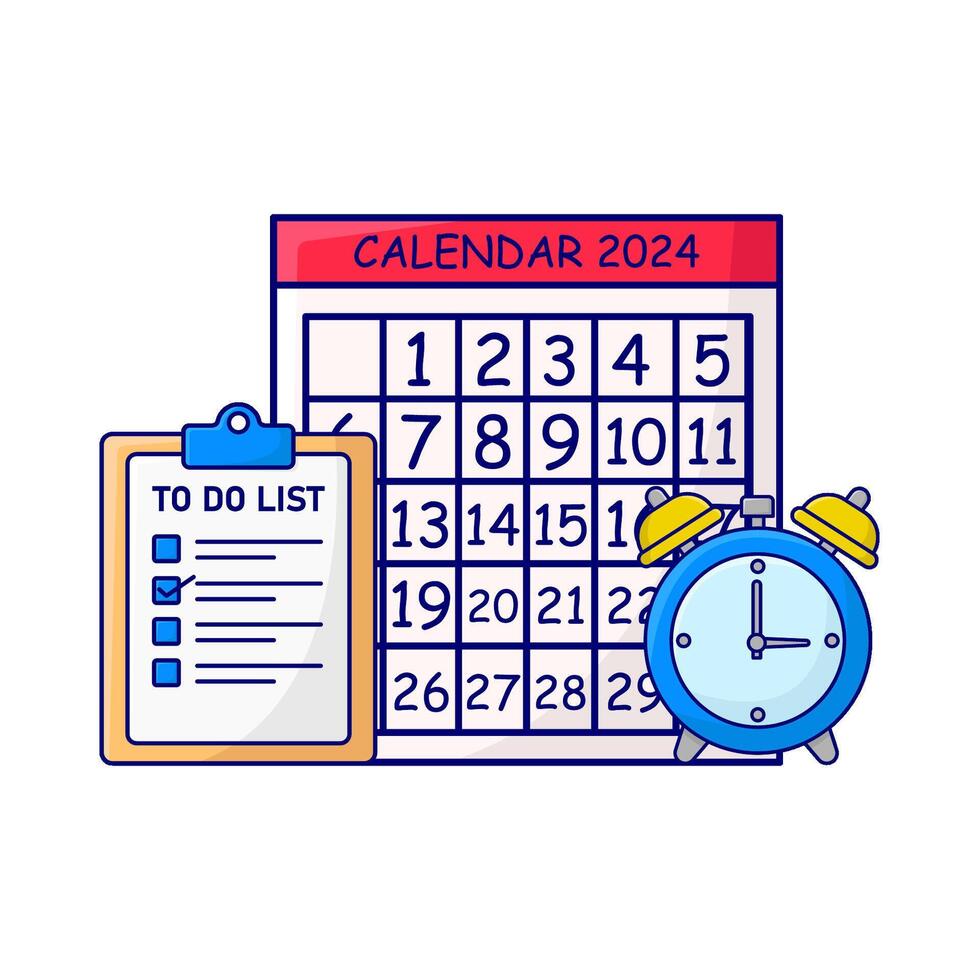 calendar, alarm clock time with to do list illustration vector