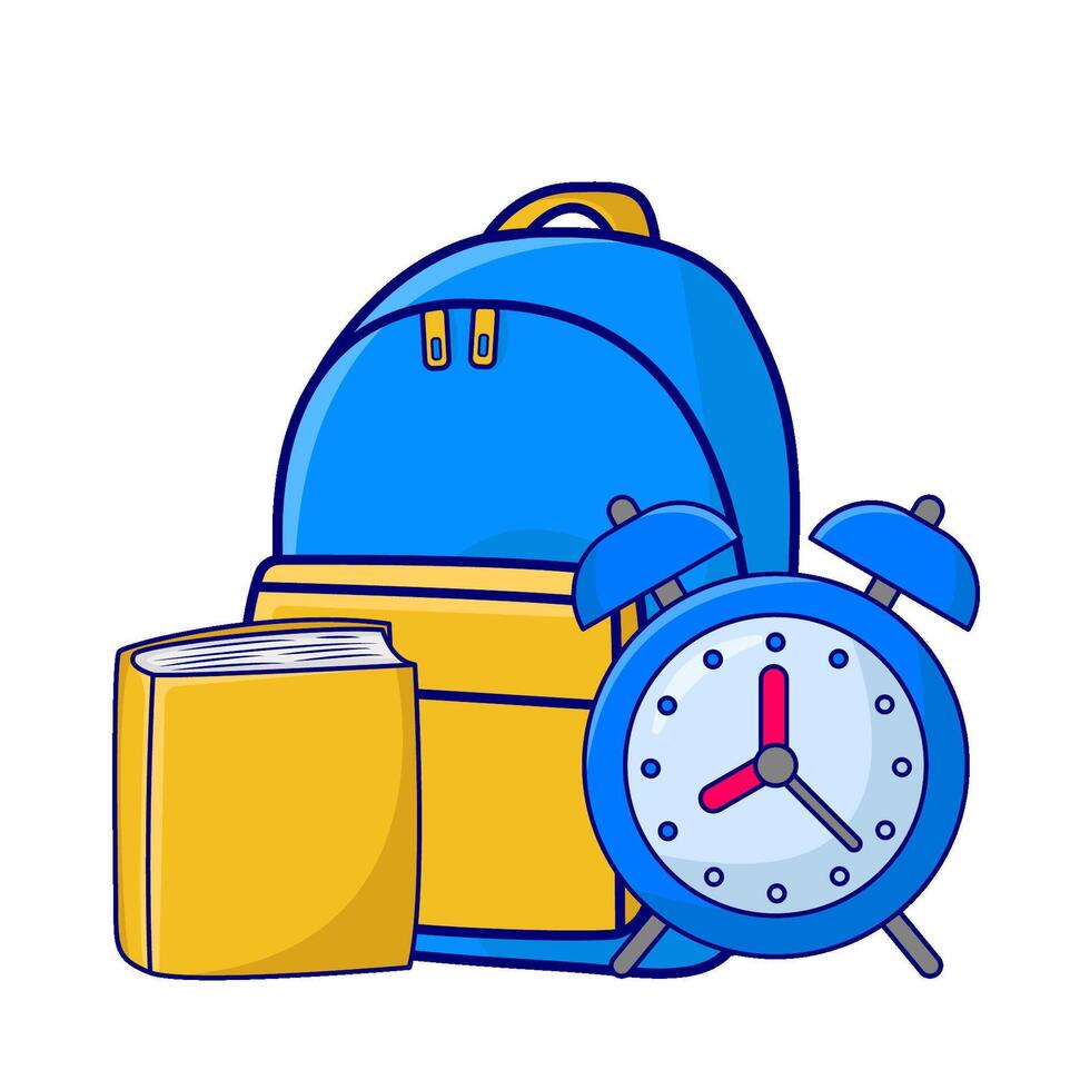 backpack school, alarm clock time with book illustration vector