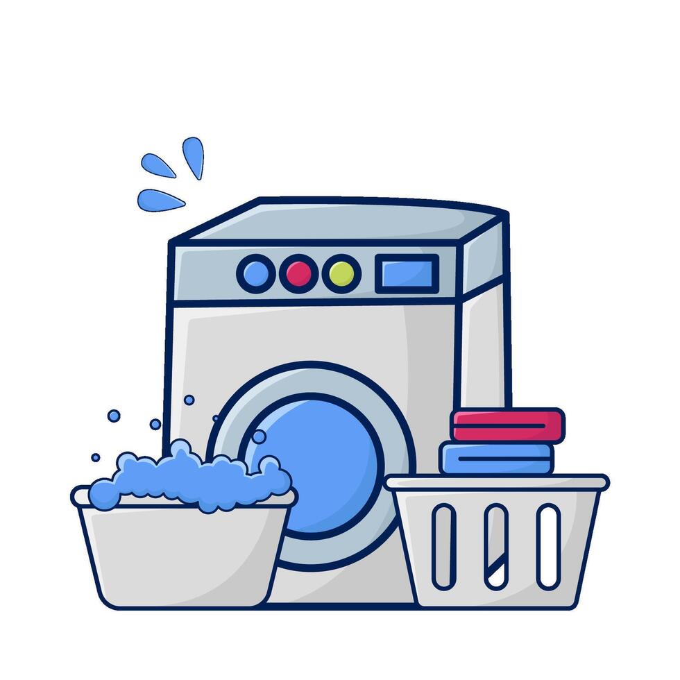 Lavado máquina, lavandería en bajo con agua en cesta ilustración vector
