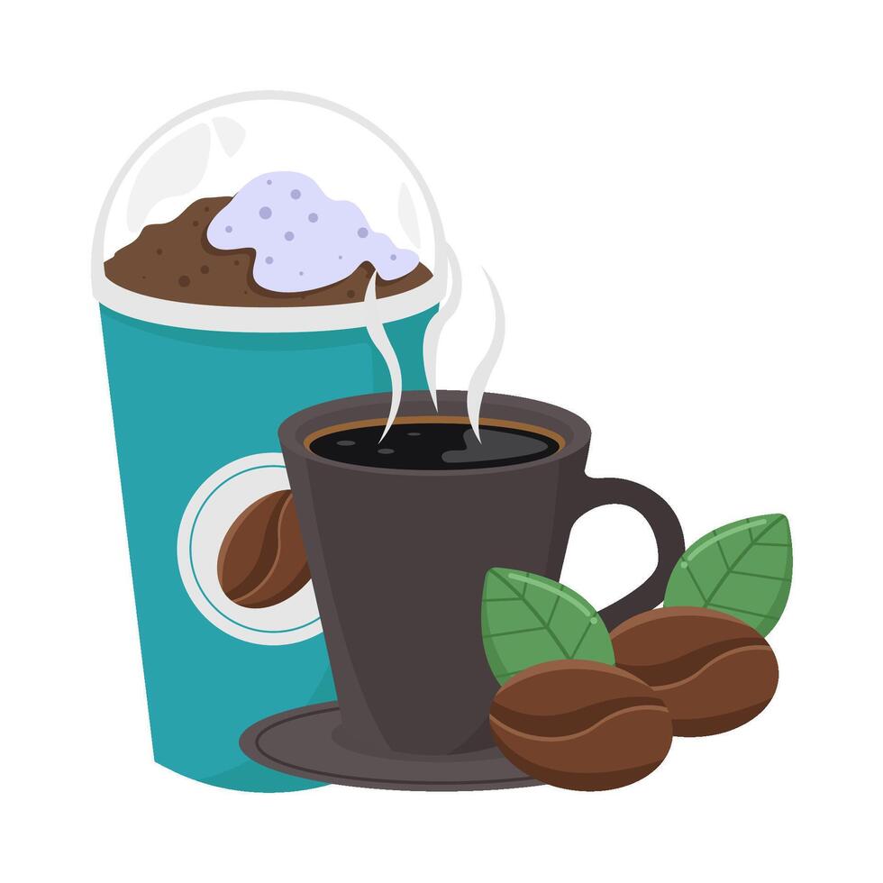cup coffee drink, glass coffee drink with coffee beans illustration vector