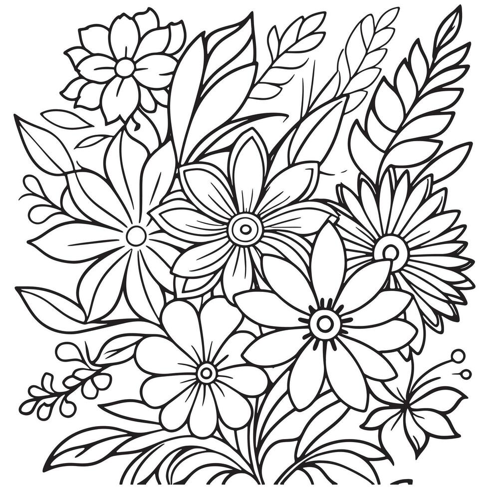 Children's floral outline illustration doodle coloring book hand drawn vector