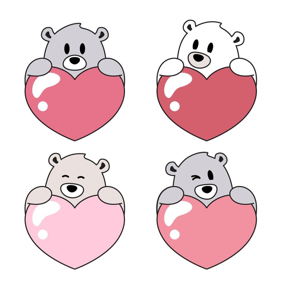 Little bears holding hearts. Simple cute vector drawing, love illustration