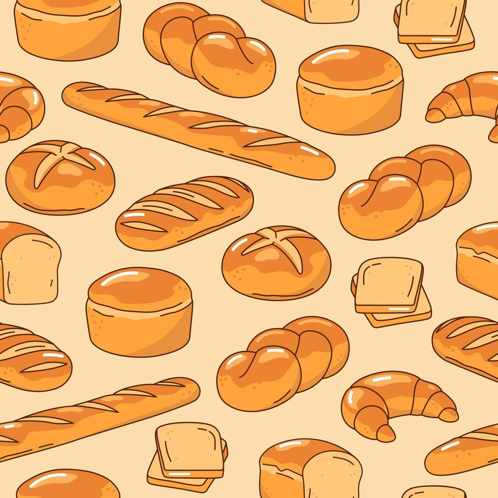 Bread, bakery hand drawn illustrations, seamless background, pattern vector