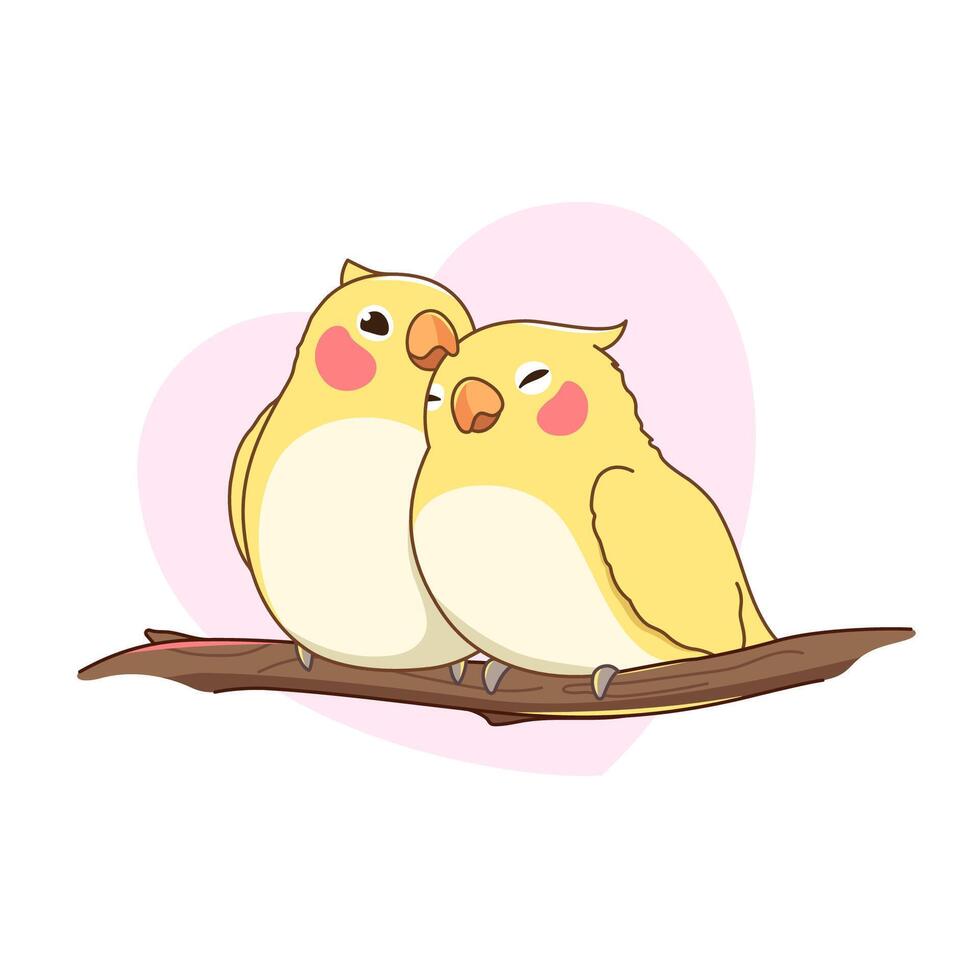 un par de corella loros sentado en un árbol rama y abrazando en un corazón antecedentes. linda aves ilustración, dibujos animados estilo dibujo vector