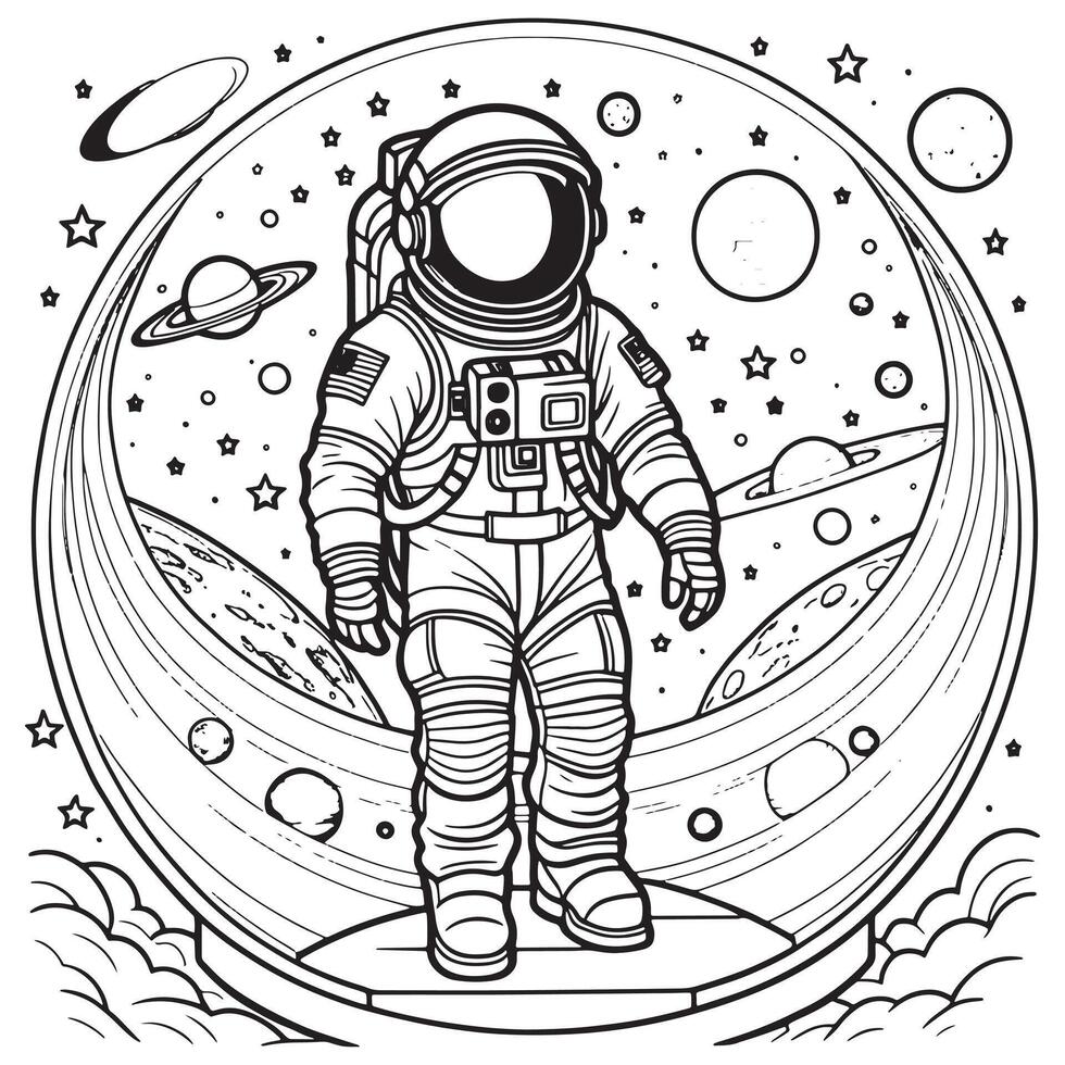 astronauta contorno colorante página ilustración para niños y adulto vector