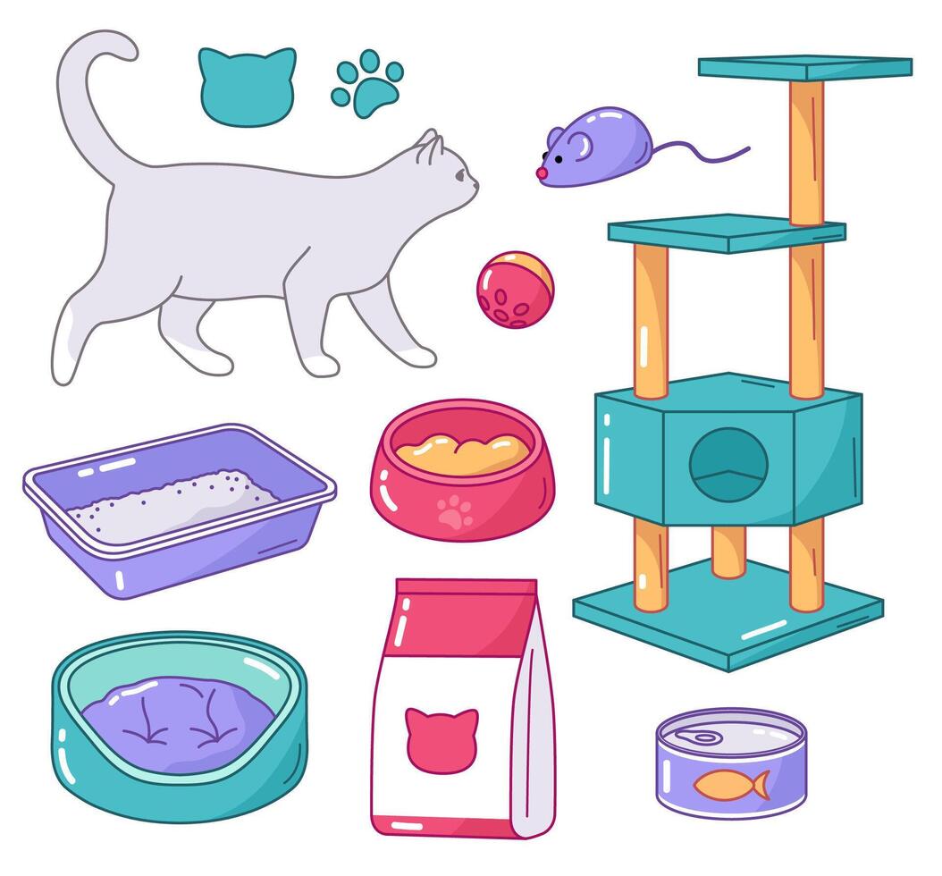 Cat accessories, litter box, bed, tree,meal, food, toys illustrations. Pet objects, set of vector drawings