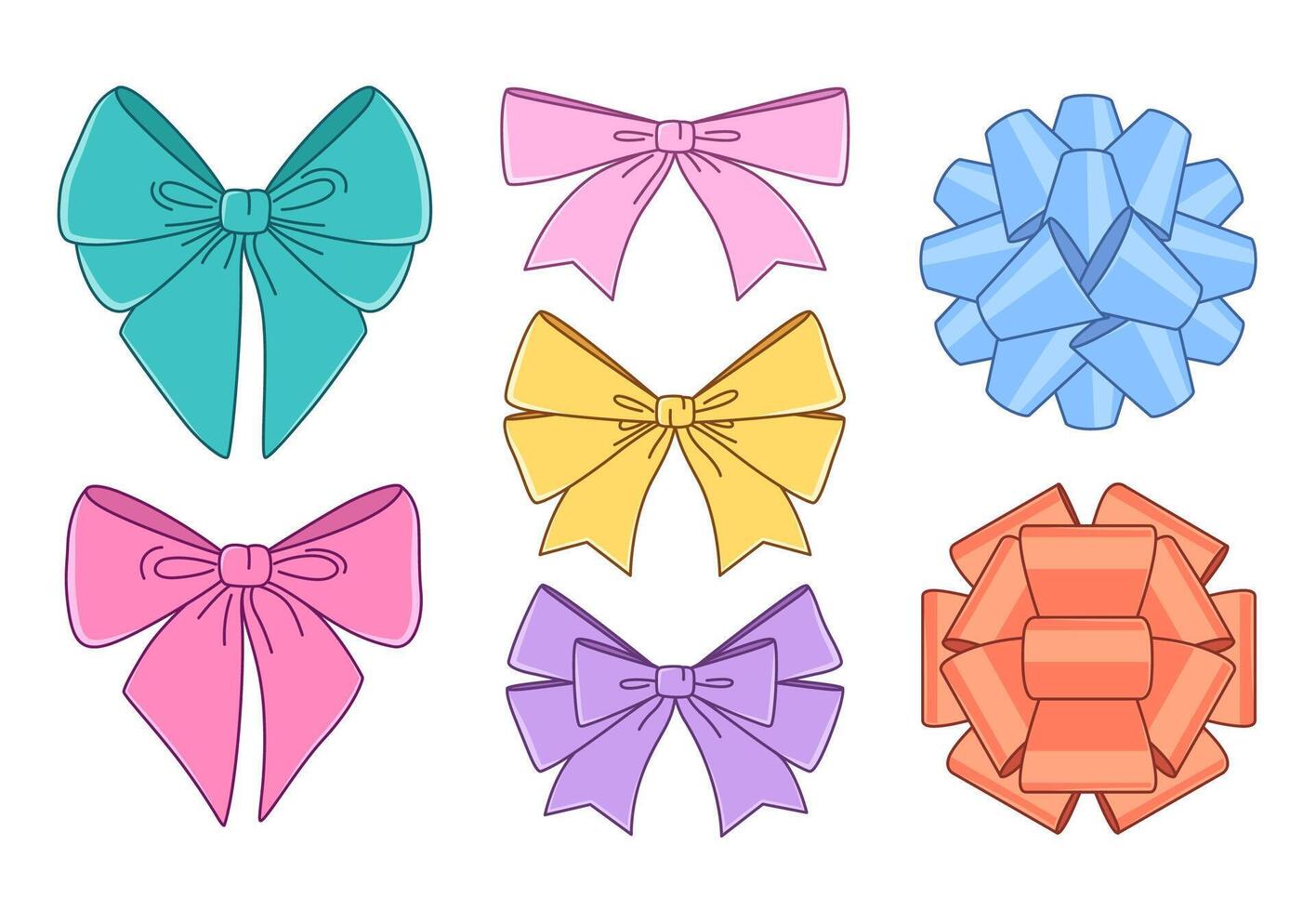 Gift bows, present ribbons. Set of isolated cartoon style drawings, vector illustrations