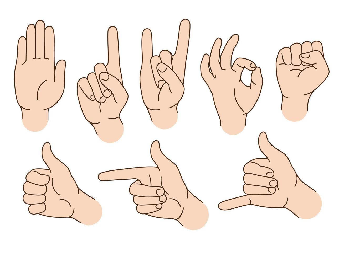 Hand gestures, signs. Set of cartoon style illustrations, vector drawings