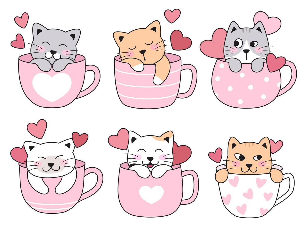 Cute cats, kittens in tea, coffee cups, mugs with hearts. Sleeping, hiding, happy, love pets. Set of simple love cartoon drawings. vector