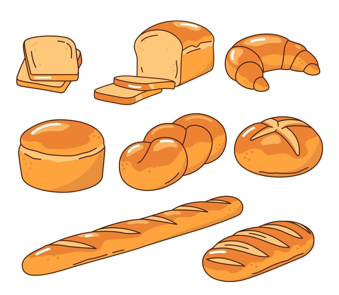 pan, panadería mano dibujado ilustraciones, conjunto de vector dibujos.