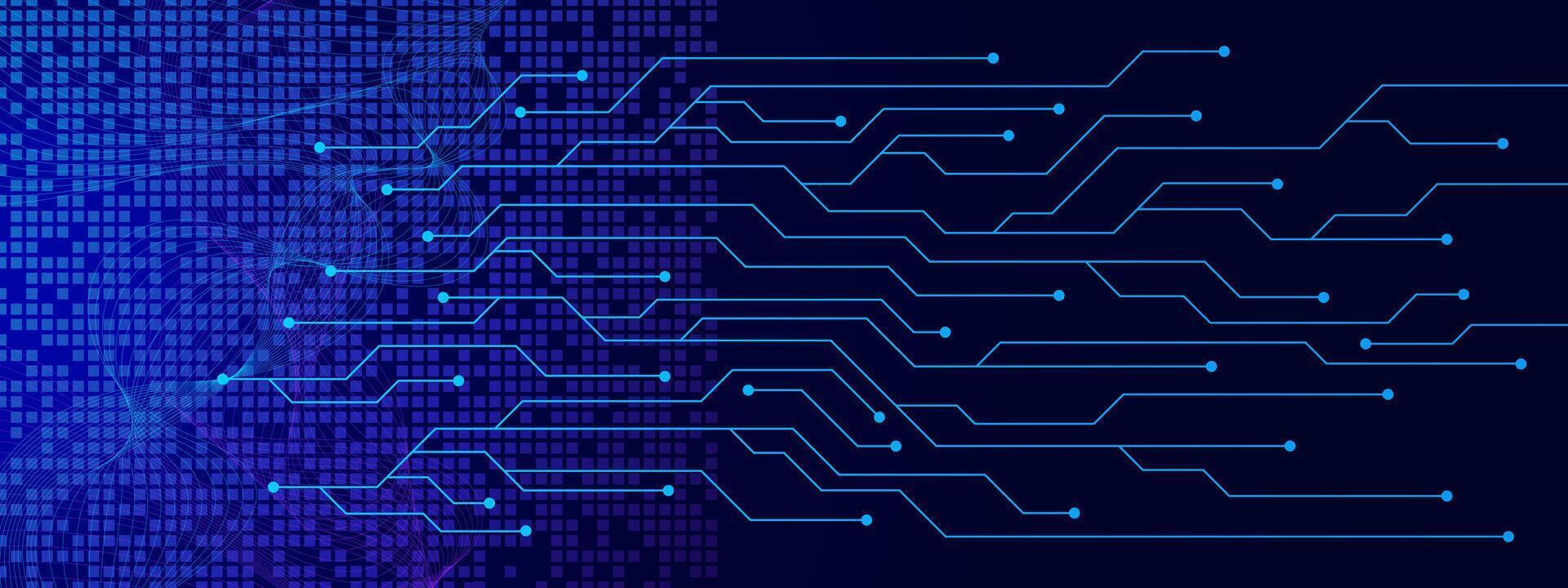 Circuit board texture with wave flow. Digital data and electronic engineering. Network connection and communication technology banner background. Vector illustration.