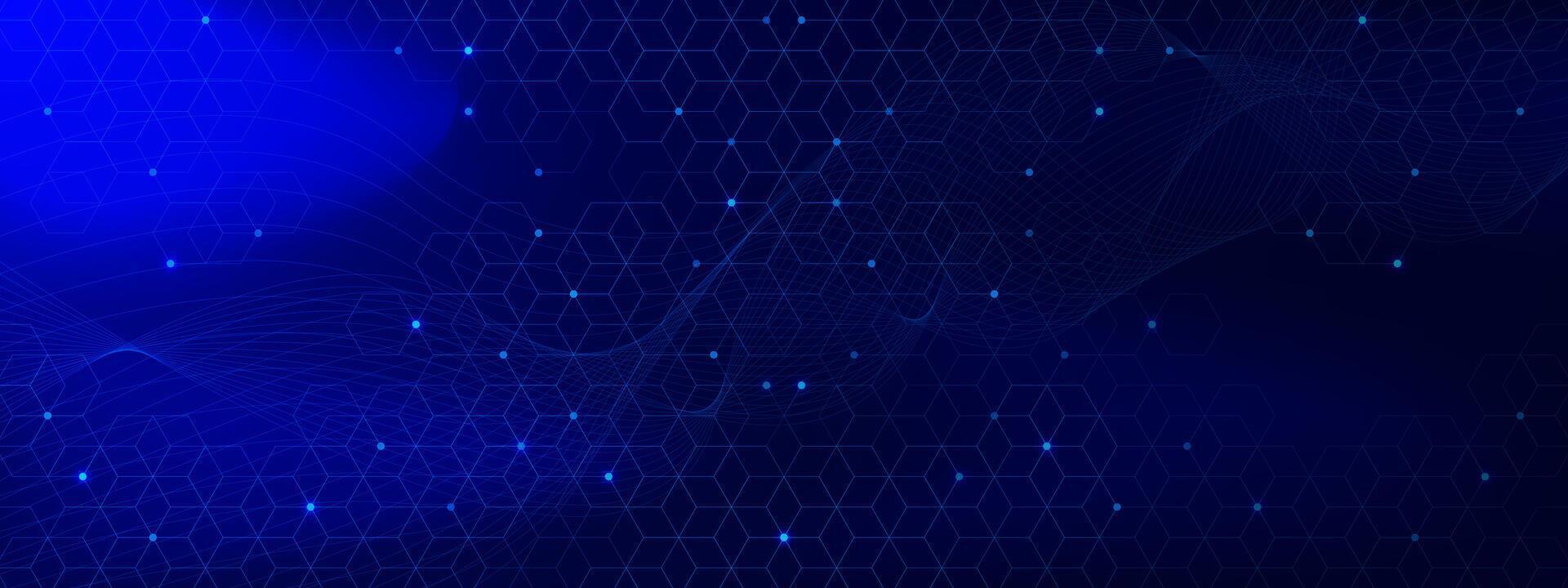 Abstract glowing blue hexagons with connecting dots and lines and wave flow. Geometric hexagons pattern for technology and science concept background. Vector illustration.