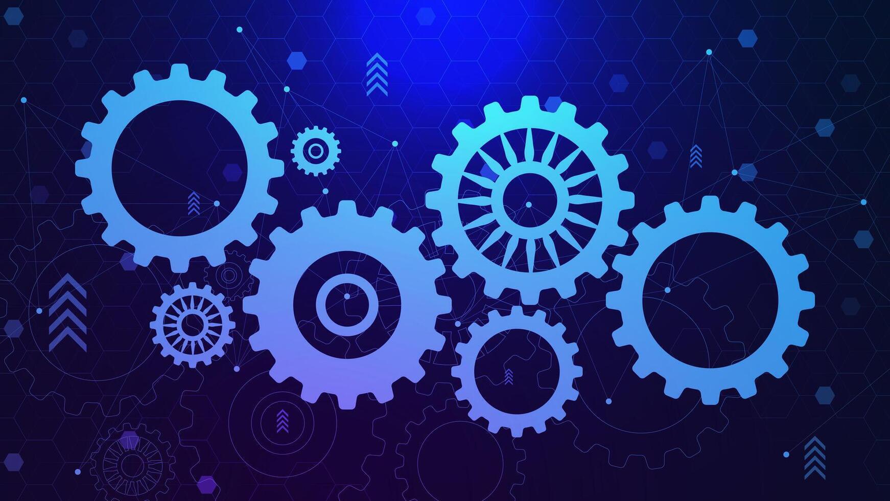 Gear wheel with hexagons and connecting dots lines. Digital telecoms,  hi-tech technology and engineering concept on futuristic dark blue background. Vector illustration.
