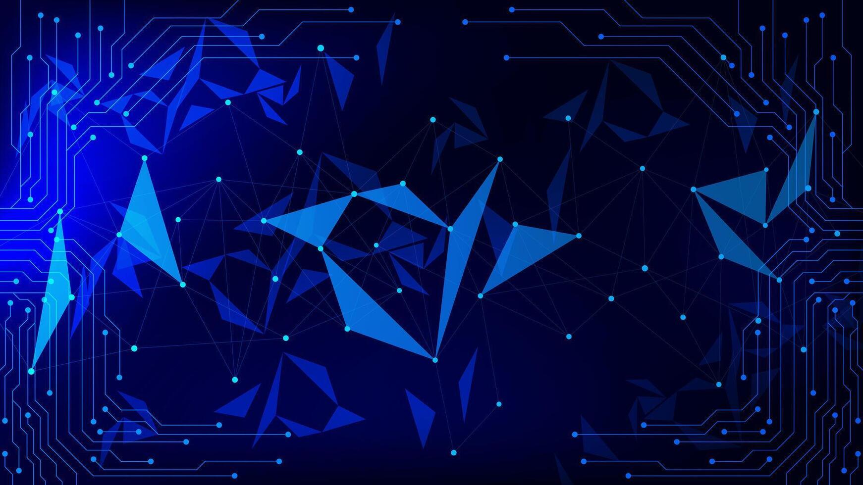 Abstract futuristic technology with circuit board and plexus. Digital network connection, communication and science on dark blue background. Vector illustration.