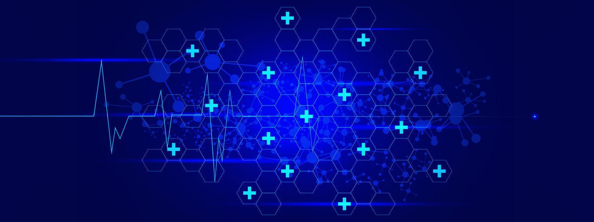 Medical cross with hexagons, molecular structure and hear beat. Medicine, health care, science and technology concept background. Vector illustration.