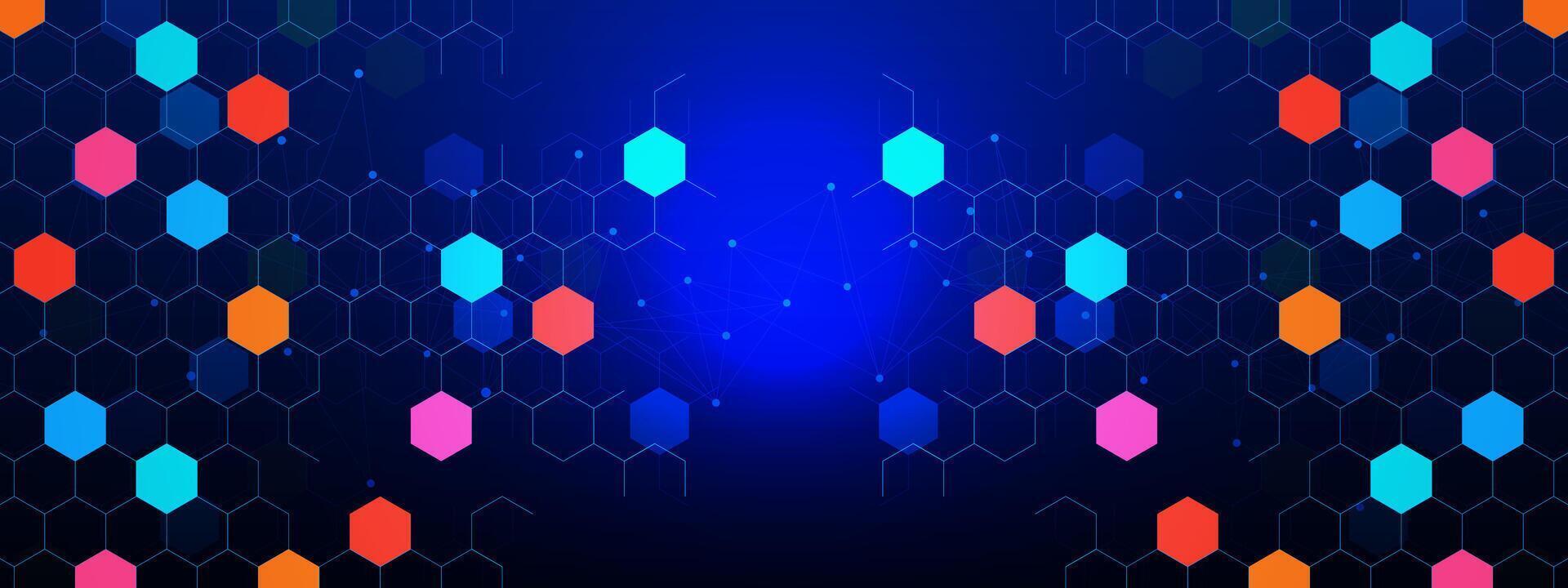 Abstract geometric with colorful hexagons pattern and connecting the dots lines on dark blue background. Medical, science and technology concept design. Vector illustration.