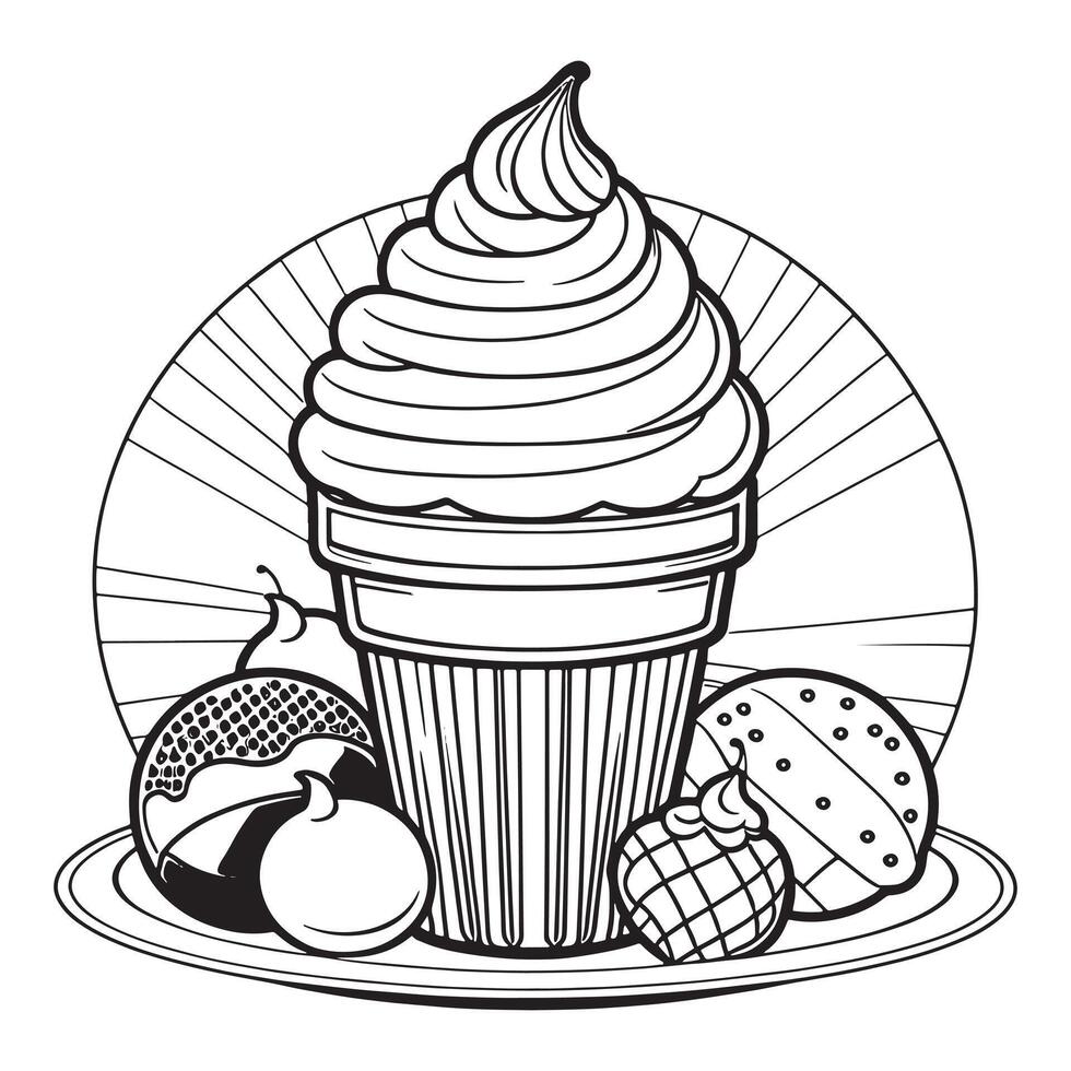 Ice cream outline coloring page illustration for children and adult vector