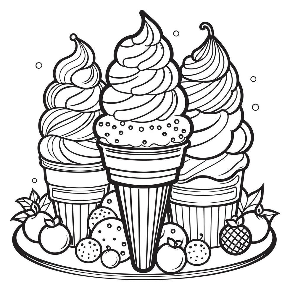 Ice cream outline coloring page illustration for children and adult vector