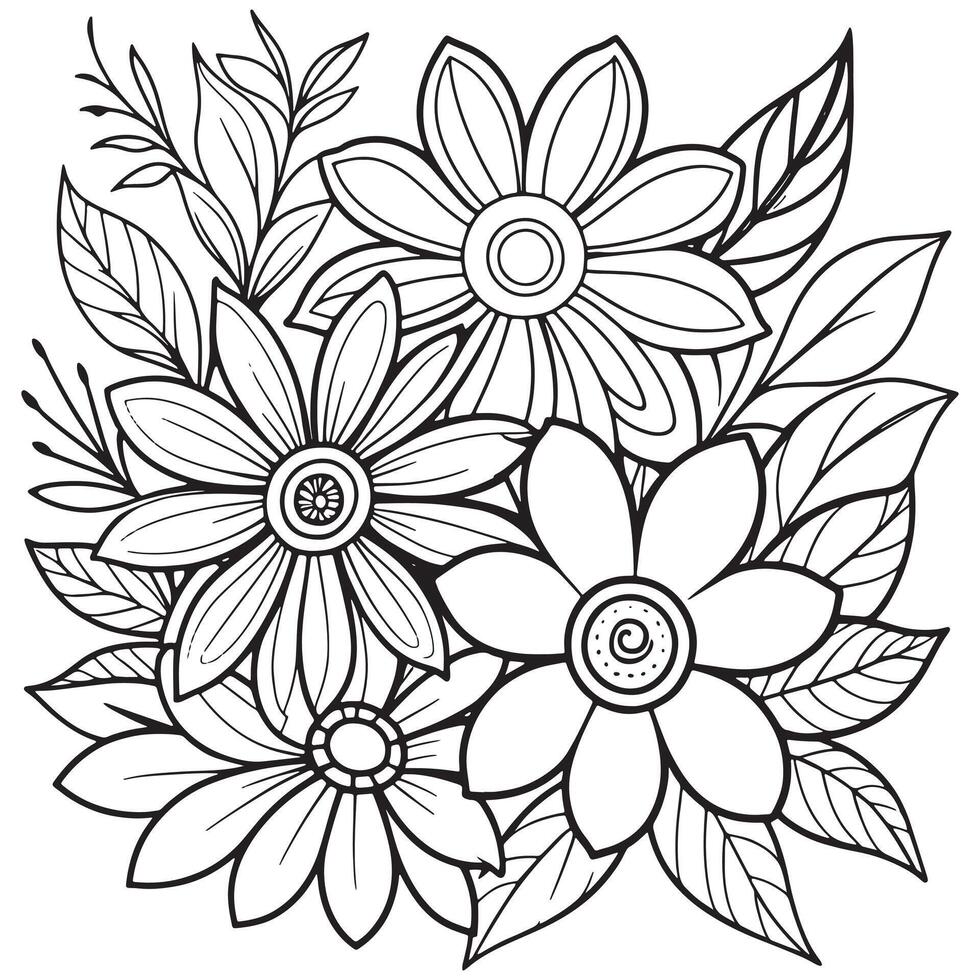 Children's floral outline illustration doodle coloring book hand drawn vector