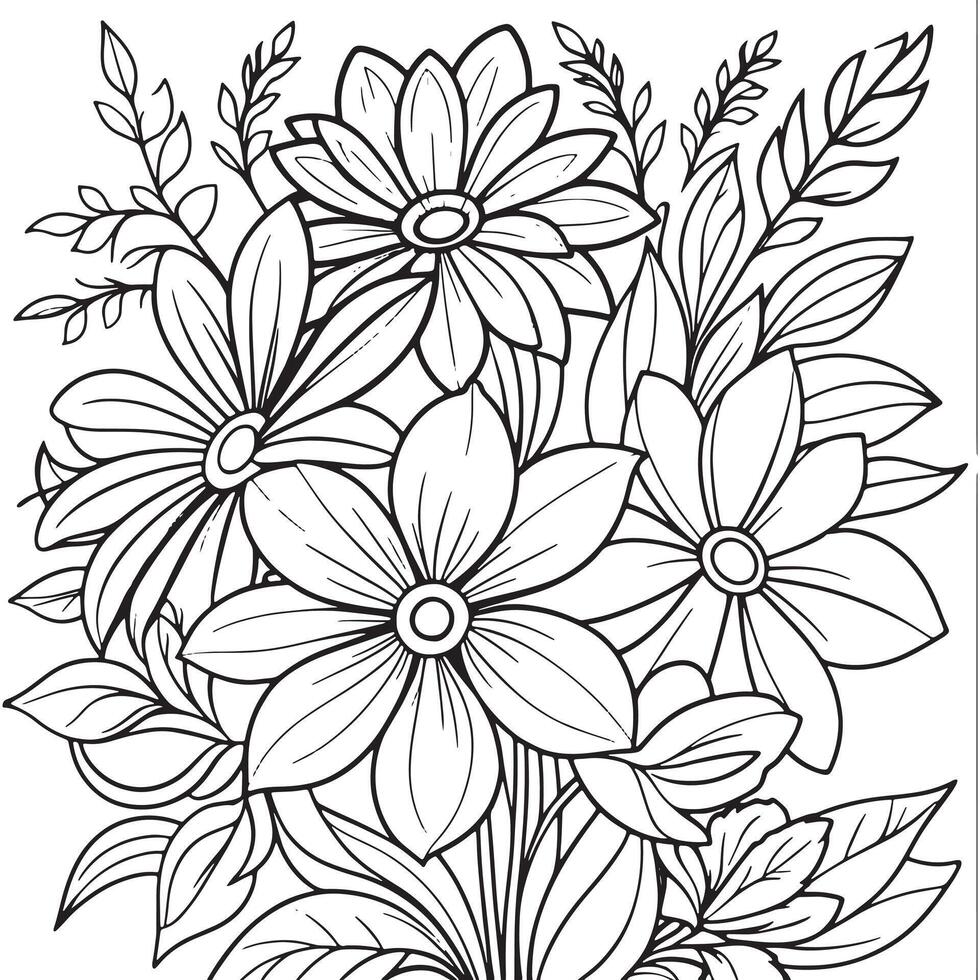 Children's floral outline illustration doodle coloring book hand drawn vector