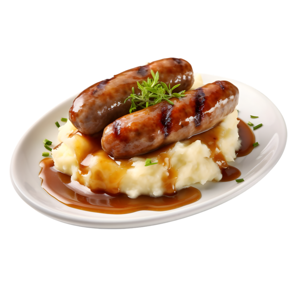 AI generated Bangers and Mash food dish on transparent background PNG image