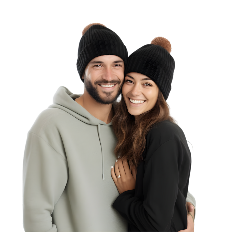 AI generated portrait of young couple wearing beanie on transparent background PNG image