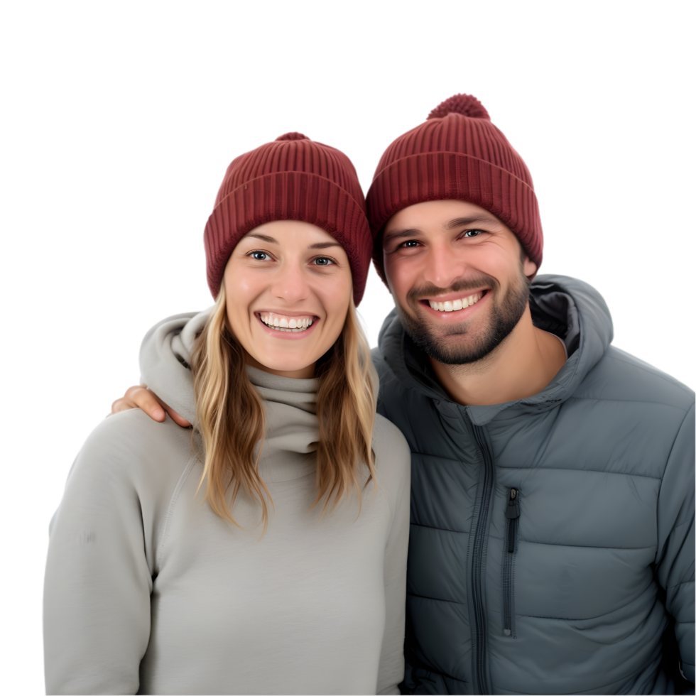 ai generado retrato de joven Pareja vistiendo gorro en transparente antecedentes png imagen