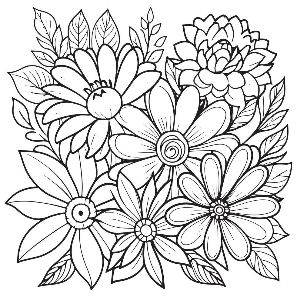 Children's floral outline illustration doodle coloring book hand drawn vector