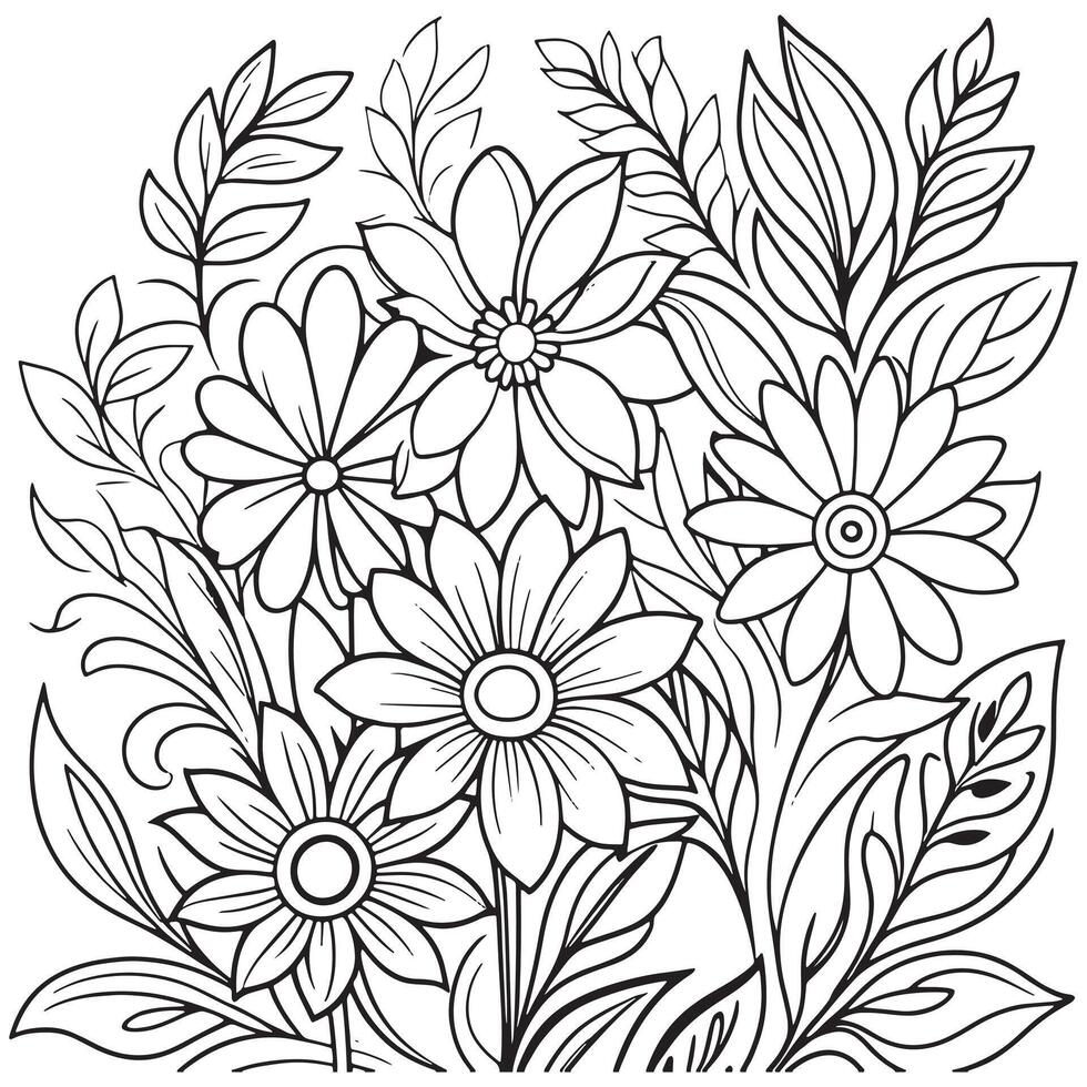 Children's floral outline illustration doodle coloring book hand drawn vector