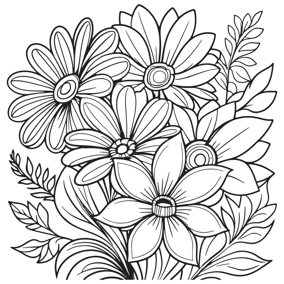 Children's floral outline illustration doodle coloring book hand drawn vector