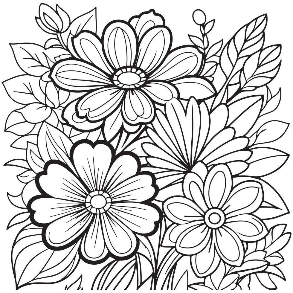 Children's floral outline illustration doodle coloring book hand drawn vector